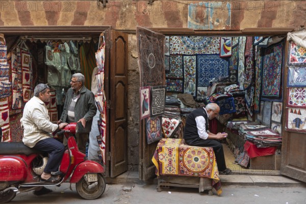 Cairo, Egypt. December 5th 2022 Shops selling Egyptian designed textiles, the Tent Makers bazaar, a