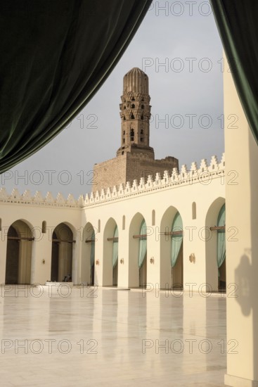 Minaret and courtyard of historic Mosque of al-Hakim, also known as Al-Anwar, named after Al-Hakim