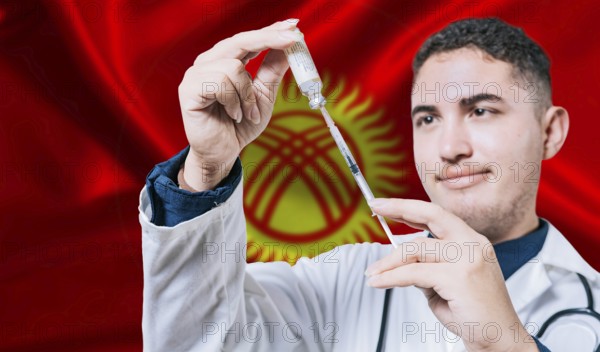 Doctor holding syringe on Kyrgyzstan flag background. Medical professional holding syringe with