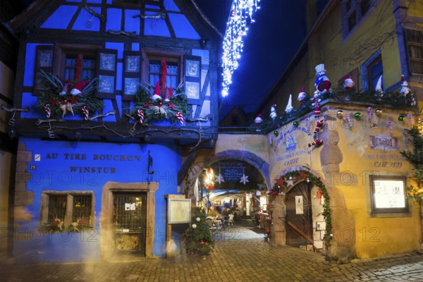 Colour-illuminated and Christmassy decorated half-timbered houses, blue hour, Christmas market,