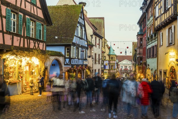 Christmassy decorated half-timbered houses, Christmas market, Riquewihr, Grand Est, Haut-Rhin,