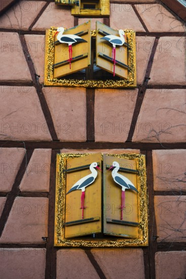 Christmassy decorated half-timbered house, Christmas market, Riquewihr, Grand Est, Haut-Rhin,