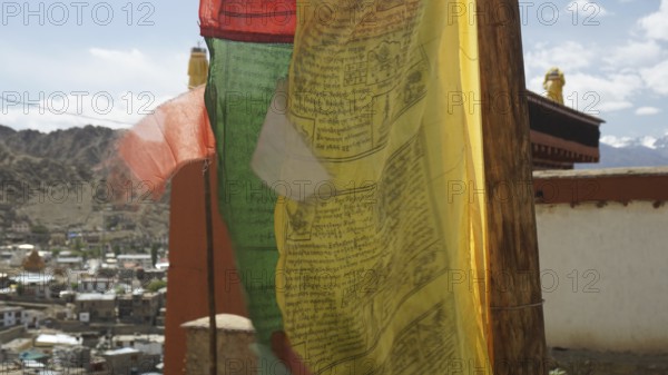 Colourful prayer flags move vividly in the wind against a mountain backdrop, Leh, Ladakh, North