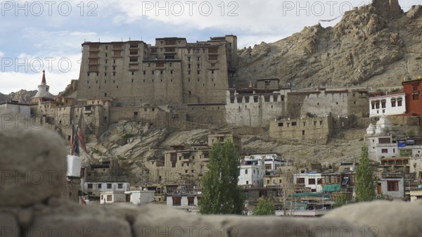 Leh Palace, large historic fortress surrounded by traditional houses of a settlement, Ladakh, North