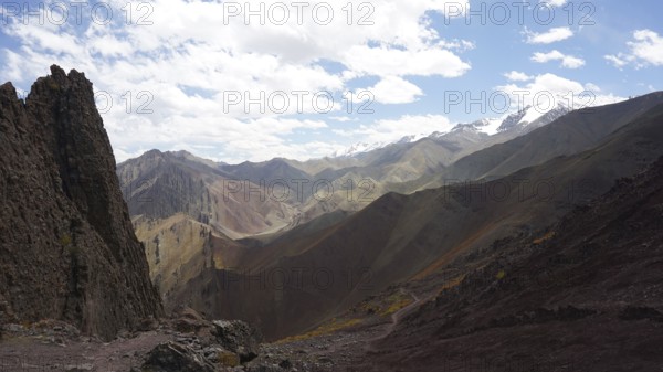 Wide mountain landscape with snowy peaks under cloudy sky, trekking at Stok La Pass in Ladakh,