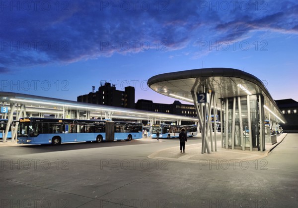 Bus station in the early morning right next to Wuppertal main station, public transport connection,