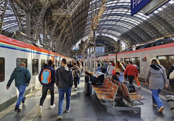 Many people in the platform hall with RegionalExpress trains, central railway station, Frankfurt am