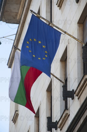Sofia, Bulgaria, June 4th 2019 Bulgarian and European Union Flag outside a Bulgarian Government