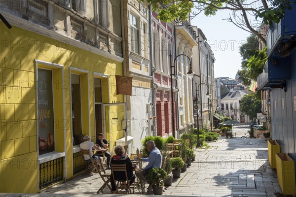 Varna, Bulgaria. September 7th 2020 Coffee shops along a pretty street in a trendy Varna