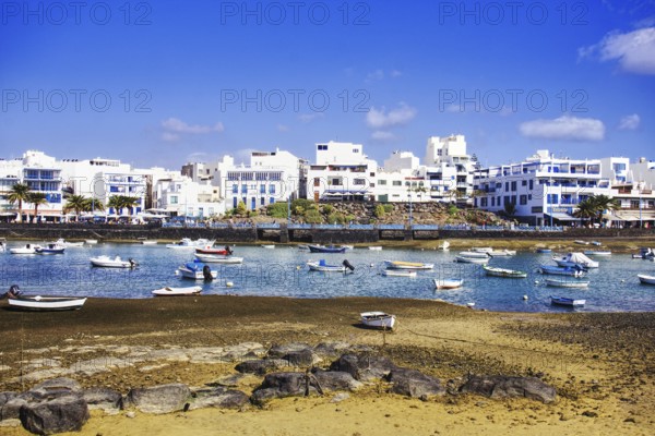 Numerous boats in the Charco de San Ginés lagoon, surrounded by white buildings on the shore,