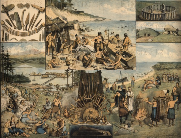 Illustrated school blackboard depicting various scenes and objects from the Stone Age, especially