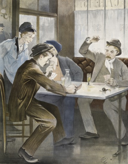 Bad habits of men, card game and alcohol, around 1910, France, authentic, digitally restored
