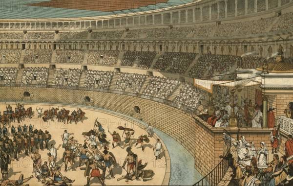 Scene in ancient Rome, presumably the inauguration of the Colosseum, Flavian Amphitheatre, in 80