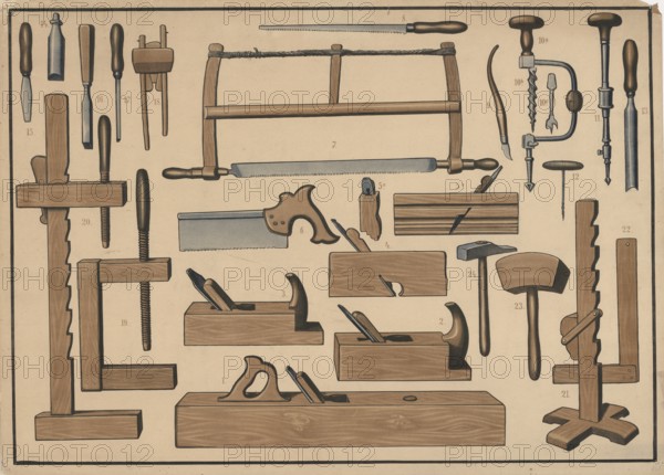 Color lithograph with various woodworking tools typically used by carpenters or carpenters,