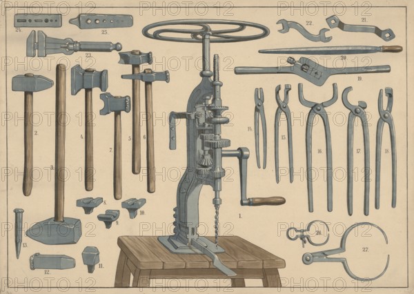 Collection of tools used primarily for metalworking, blacksmith tools, in the middle is a