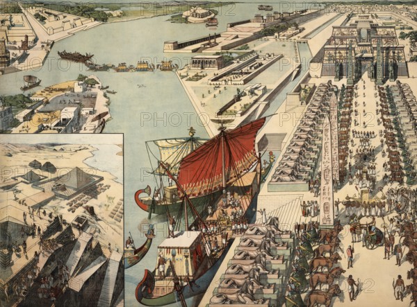 Nile port in historic Egypt, authentic, digitally restored reproduction from a 19th century model,