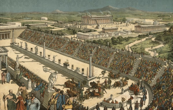Chariot racing in historic Greece, Athens, authentic, digitally restored reproduction from a 19th