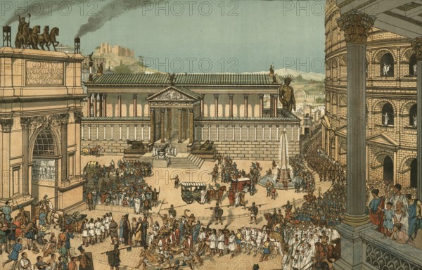 Reconstruction of the Roman Forum, the religious, political and commercial center of ancient Rome,