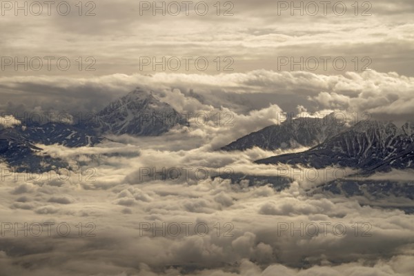 View from the North Range of the Karwendel Mountains looking south, Innsbruck is under cloud cover,