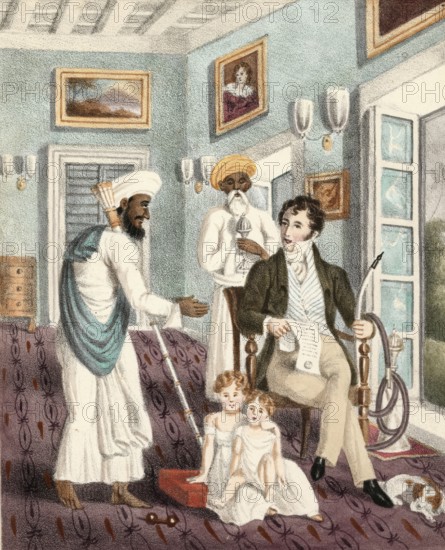 Indian with an Assaburdar or long silver rod cup, next to a colonial man with a water pipe, India,