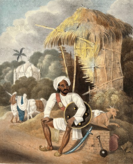 Police officer, guard in front of his dugout, village guard, India, authentic, digitally restored