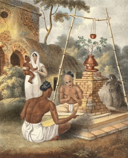 Brahmins at a Toolsee altar, India, authentic, digitally restored reproduction from a 19th century