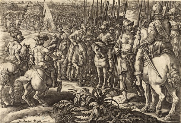 History of the Medici, Giovanni de' Medici on horseback talking to the leader of the Swiss troops.