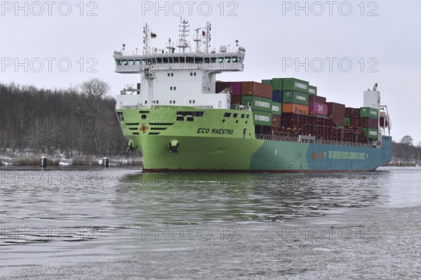 ECO MAESTRO container ship in the icy Kiel Canal, NOK, Kielkanal, Kielcanal, Schleswig-Holstein,
