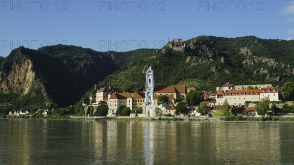City view of Dürnstein across the Danube, with river and mountainous surroundings, Danube cycle