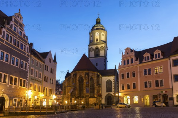 Market square with Church of Our Lady with glockenspiel at the Blue Hour, twilight view, Meissen,