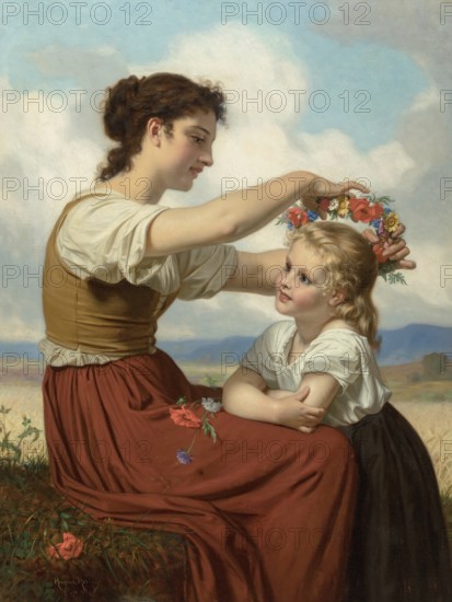 Hugues Merle (1822 to 1881), French painter: Couronne de fleurs des champs, Crown of field flowers,