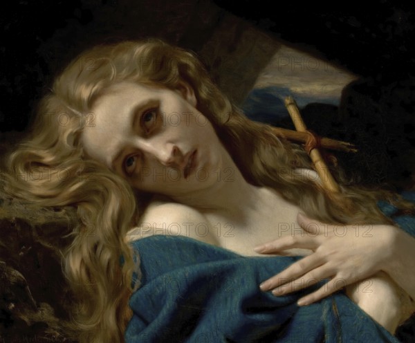 Hugues Merle (1822 to 1881), French painter: Mary Magdalene in the Cave (1868), the biblical figure