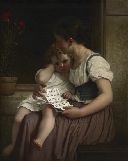 Hugues Merle (1822 to 1881), French painter: The First Thorns of Knowledge (1864), A mother holds