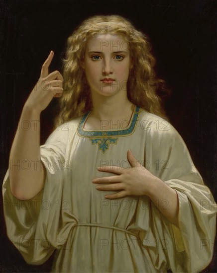 Hugues Merle (1822 to 1881), French painter: Pensez a Dieu, Remember God (1876), a young woman or a
