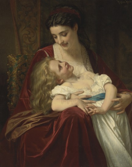 Hugues Merle (1822 to 1881), French painter: Maternal Affection (1867), tender scene between a