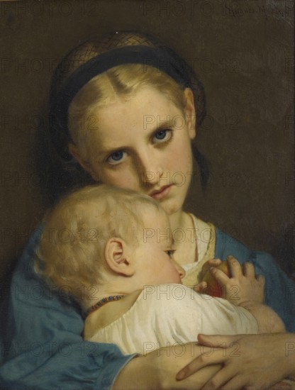 Hugues Merle (1822 to 1881), French painter: Affection, Maternal affection, a tender, loving scene