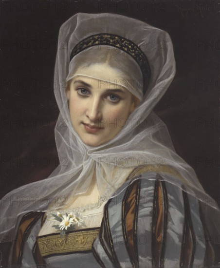 Hugues Merle (1822 to 1881), French painter: Marguerite (1878), a young woman in a medieval-style