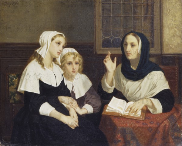 Hugues Merle (1822 to 1881), French painter: Reading the Bible (1859), domestic scene of woman