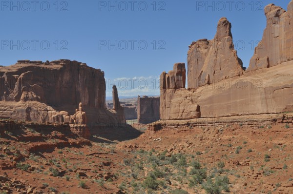 A vast valley with impressive sandstone walls, called Wall Street, and sparse vegetation under a