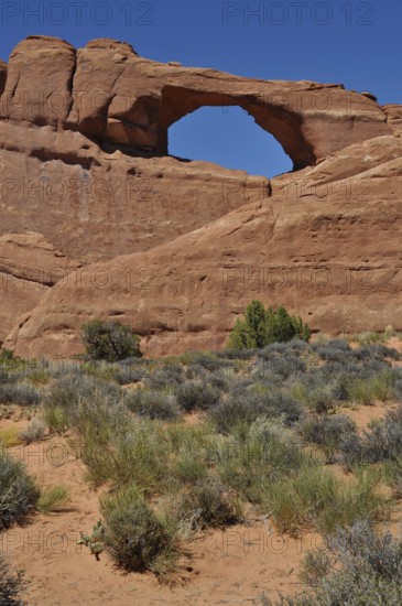 Skyline Arch, a distinctive rock arch in the desert with sparse vegetation, Arches National Park,
