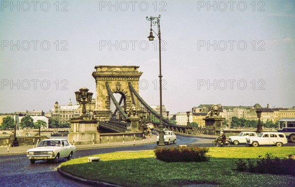Cars near Széchenyi Chain Bridge, Budapest, Hungary, Europe 1967 - Ford Taunus P5, Trabant 601,