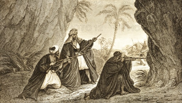 Torat Arabs, Arabia, guns, enmity, confrontation, shooting, oasis, plame, men, turban, clothing,