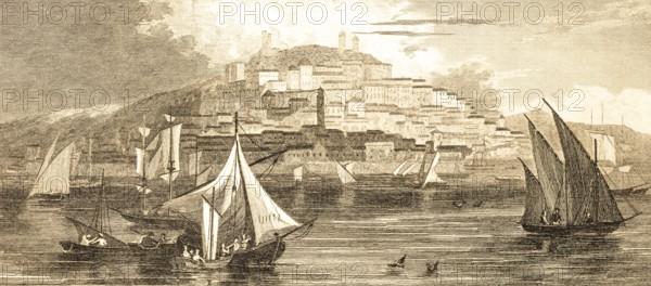 View of the city of Cagliary, island of Sardinia, Mediterranean Sea, Italy, sailboats, rowing