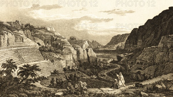 Petra Rock Theatre, Jordan, ancient architecture, mountain landscape, river, semicircle, steps,