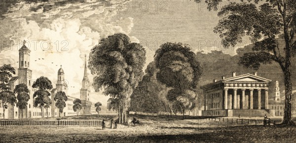 New Haven, state of Connecticut, USA, park, walkers, church towers, temple-like building, pillars,