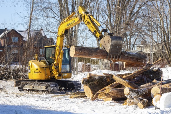 Excavator transporting a large, freshly cut log in a residential area, Lanaudiere region, province