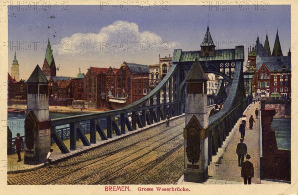 Historical postcard around 1900, Bremen, Weserbrücke, Germany, reproduction of a postcard,
