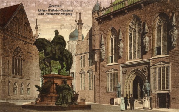 Historical postcard around 1900, Bremen, Kaiser Wilhelm Memorial and Ratskeller, Germany,