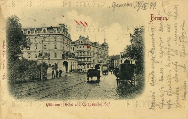 Historical postcard around 1900, Bremen, Höllmann's Hotel and Europäischer Hof, Germany,