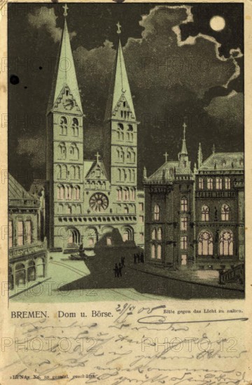 Historical postcard around 1900, Bremen, cathedral and stock exchange, Germany, reproduction of a